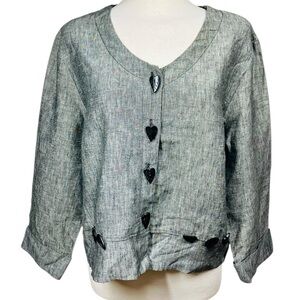 Earth Song 100% Linen Gray 3/4 Sleeve Button-Front Jacket Lagenlook Women's 14